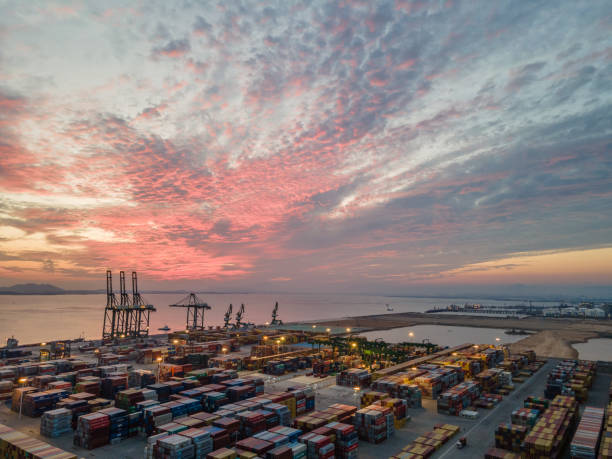 istock Aerial view of container storage terminal at sunset 1469473640
