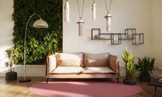 Green living room with vertical garden stock photo