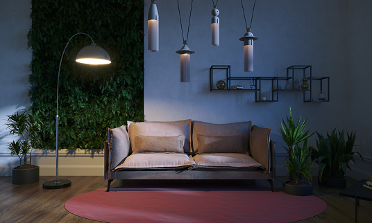 Modern designed green living room with vertical garden, night scene. (3d render)