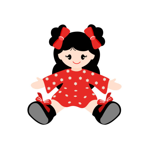 Vector illustration of doll Kids toy doll. Cute doll in a red dress is sitting. Vector illustration isolated on white background. doll stock illustrations