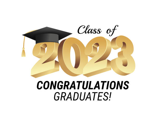 выпуск 2023 года. поздравляем выпускников с золотой концепцией выпуска с 3d текстовой векторной иллюстрацией - graduation stock illustrations