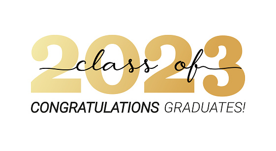 Class of 2023. Congratulations graduates graduation concept for banner, greeting card, stamp, logo, print, invitation. Graduation gold typography design template. Flat style vector illustration