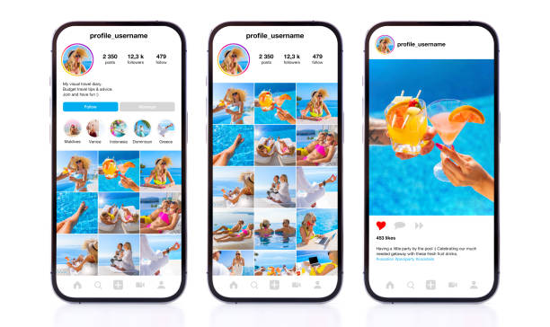 Social-Media-App-Mockups für Benutzerprofil-, Galerie- und Einzelfotoansichten – Foto