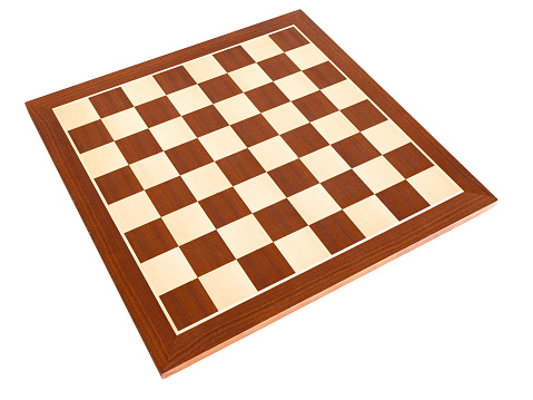 Empty wooden chess board isolated on white background