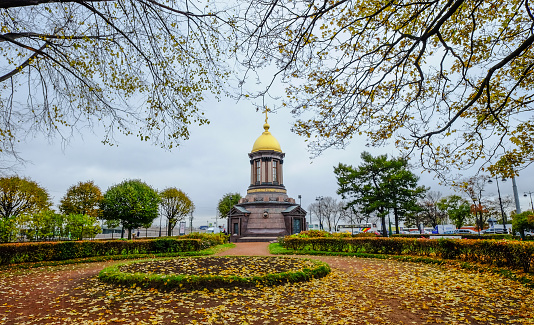 A monument at autumn park in St. Petersburg, Russia.