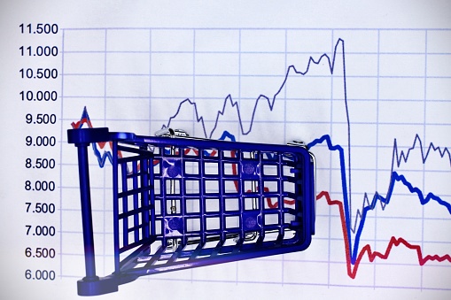 Shopping cart on a finance graph, concept of expenses.
