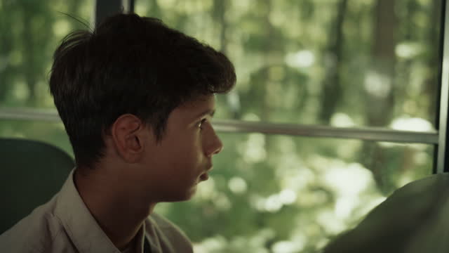 Indian boy sitting school bus alone close up. Teen schoolboy looking window.