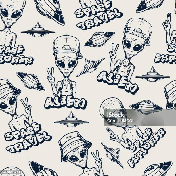 Space Alien Monochrome Seamless Pattern Stock Illustration - Download ...