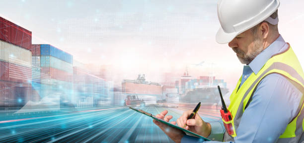 istock Engineer working at industrial port and construction container checking inspection concept, Global business logistics and transportation import export cargo freight ship distribution with copy space 1469484738