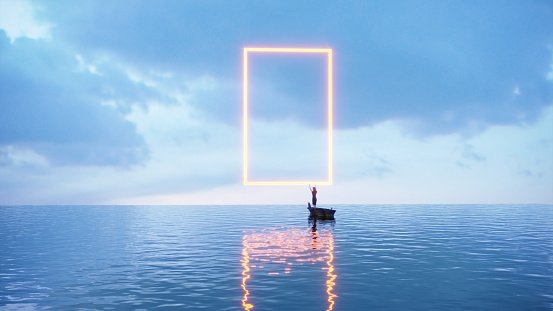 Woman climbing into mysterious glowing rectangular portal above the sea. (3d render)