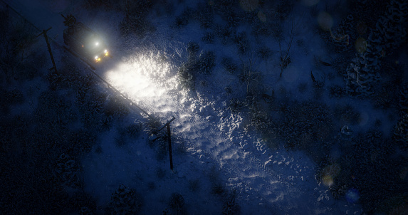 Digitally generated aerial view of a modified van exploring frozen wilds during the night.\n\nThe scene was created in Autodesk® 3ds Max 2023 with V-Ray 6 and rendered with photorealistic shaders and lighting in Chaos® Vantage with some post-production added.