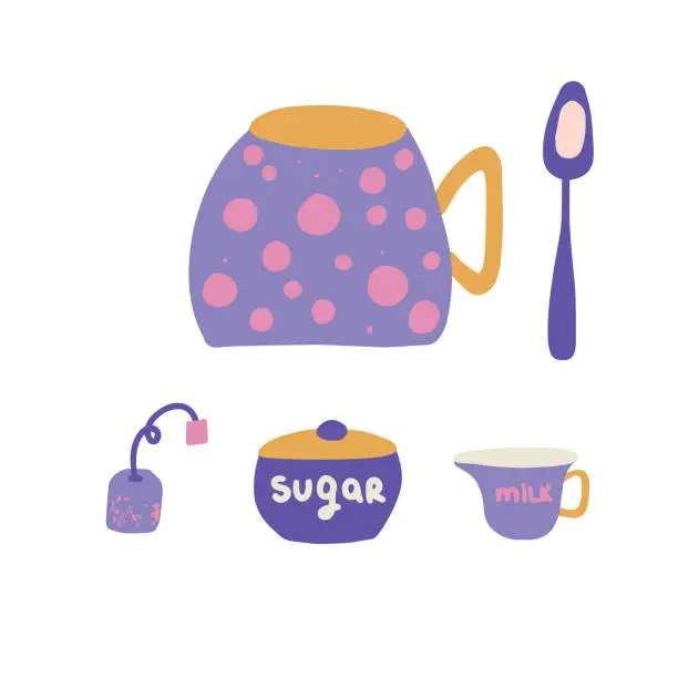 Vector illustration of Cute tea cup with a spoon, sugar jar, milk jug and tea bag. English style tea time. Flat vector illustration.