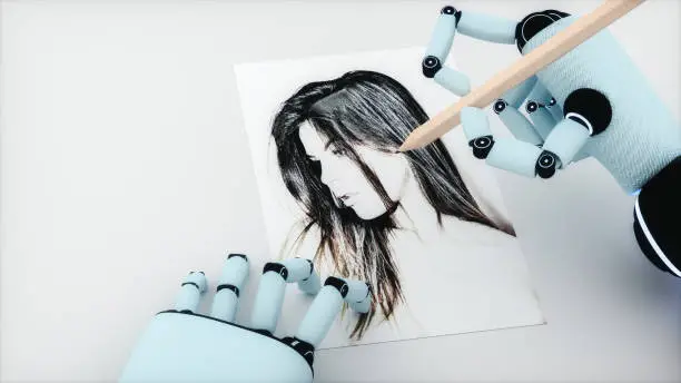 an artificial intelligence paints a portrait of a woman (3d rendering)