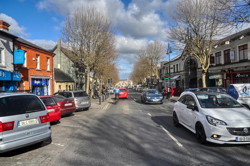 Dublin Ireland, swords main street, Febuary 25th 2023\nSwords, the county town of Fingal, is a large suburban town on the east coast of Ireland, situated ten kilometres north of Dublin city centre.