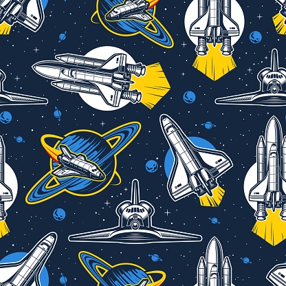 Rocketship Pattern Background Space Shuttle Colorful Seamless Pattern Stock Illustration - Download ...