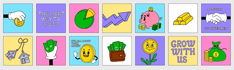 Finance vector cards. Financial literacy with groovy piggy, wallet, money, coin. Set of vector illustration in cartoon style