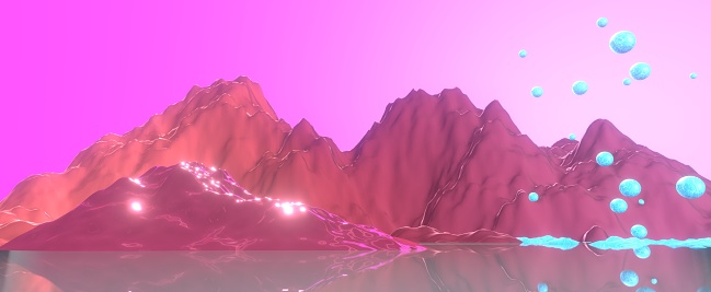 Purple futuristic mountains on water surface background. Colorful hills with 3d render falling and freezing balls of ice on reflected water. Alien abstract landscape with gradient