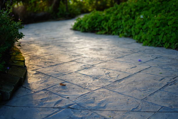 Walkway in garden Cement path walkway with green grass beside in the garden Stamped Concrete Driveways.