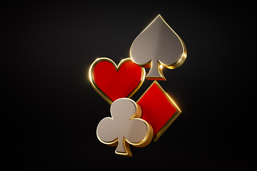 the concept of playing cards. suits are playful cards on a black background. 3D render.