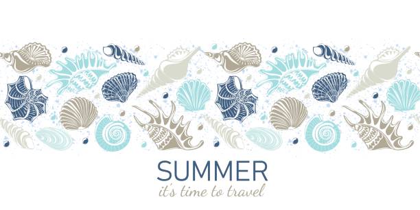 夏は旅行の時間です。白い背景に異な��る貝殻を持つ水平方向のシームレスな背景 - pattern design element backgrounds shell点のイラスト素材／クリップアート素材／マンガ素材／アイコン素材