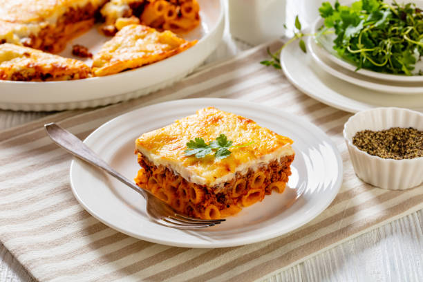 istock Greek Pastitsio on white plate, top view 1469500442