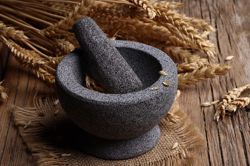 detail of molcajete in white background