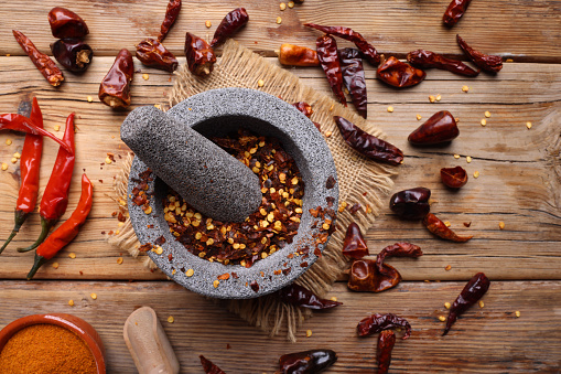 Mortar and Pestle with dried chilli