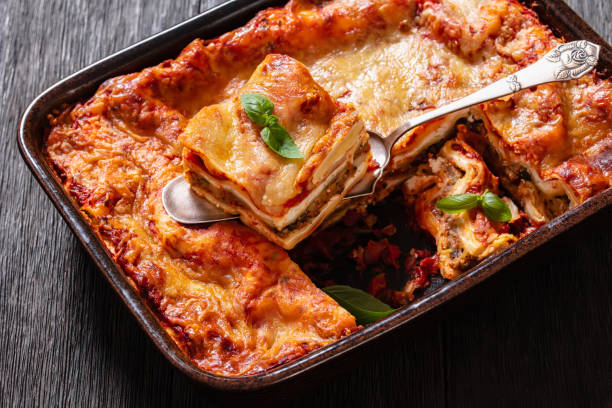 istock portion of Lasagna in baking dish, top view 1469500886