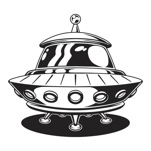 Flying saucer logotype vintage monochrome Flying saucer logotype vintage monochrome with aliens coming from space round UFO for intergalactic flights isolated vector illustration robot clipart stock illustrations