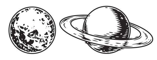 Planets universe vintage element monochrome Planets universe vintage element monochrome solar system planets balls Mars and Saturn galactic set isolated vector illustration world war galaxy stock illustrations