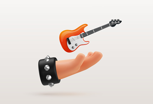 3d cartoon hand holding little red electric guitar on the light background. Musical string instrument funny vector illustration.