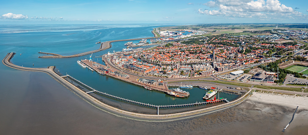 Aerial panorama from the city Harlingen at the IJsselmeer in the Netherlands