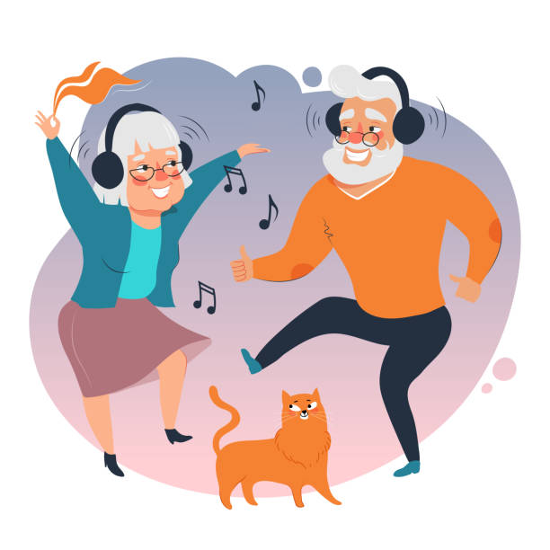 istock Elderly couple dancing with wireless headphones. Elderly people use modern technologies, vector illustration 1469506224