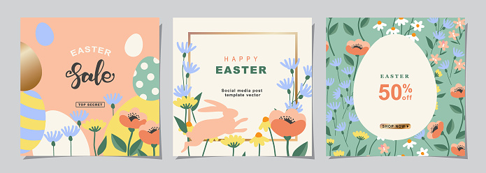 Happy Easter Set of Sale banners, social media, greeting cards, posters, holiday covers. Trendy design with typography, hand painted plants, dots, eggs and bunny, in pastel colors. banner background.