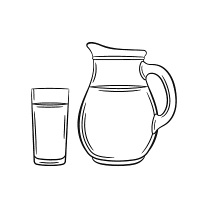 Jug with glass sketch. Hand drawn carafe illustration in contour style on white background.