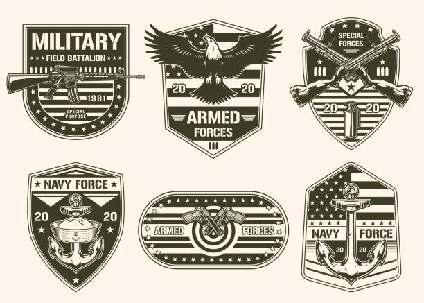 Military set monochrome sticker vintage Military set monochrome sticker vintage soldiers weapons with name of military branch and US eagle for uniform wars vector illustration combat infantry badge stock illustrations