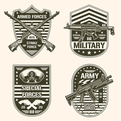 Special forces set vintage monochrome logotype firearms retro weapons infantry and navy soldiers performing military liberation operations vector illustration