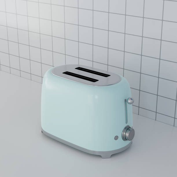 3D Rendering Vintage Electric Green Toaster on the Counter in Ki 3D Rendering Vintage Electric Green Toaster on the Counter in Kitchen Cabinet with White Tile Background kitchen utensil antique toaster old stock pictures, royalty-free photos & images