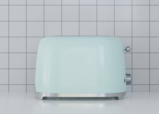 3D Rendering Vintage Electric Green Toaster on the Counter in Ki 3D Rendering Vintage Electric Green Toaster on the Counter in Kitchen Cabinet with White Tile Background kitchen utensil antique toaster old stock pictures, royalty-free photos & images