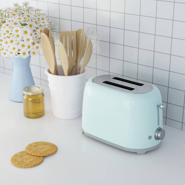 3D Rendering Vintage Electric Toaster, Set of Wooden Spoon, Hone 3D Rendering Vintage Electric Toaster, Set of Wooden Spoon, Honey Jar, Cracker in Kitchen kitchen utensil antique toaster old stock pictures, royalty-free photos & images