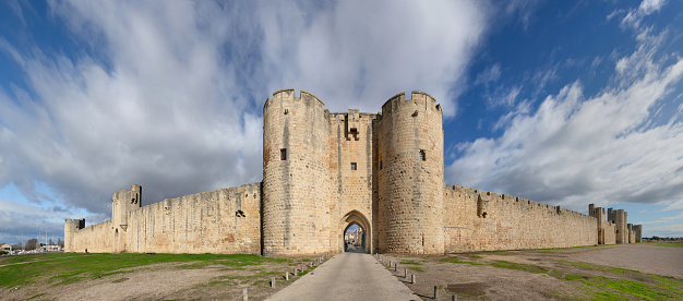 Aigues-Mortes, France. Panoramic view of southern wall and city gate