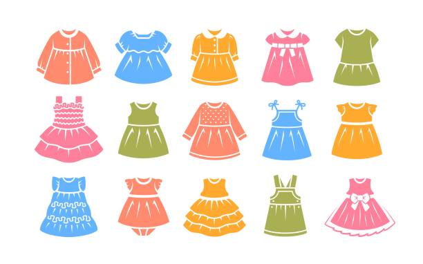 女の赤ちゃんのドレス子供の布のシルエットアイコン - フラウンスドドレス点のイラスト素材／クリップアート素材／マンガ素材／アイコン素材