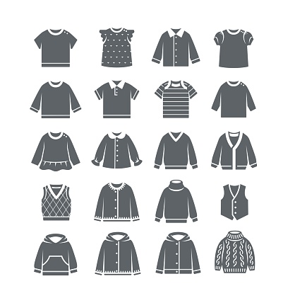 Baby clothes silhouette icons. Different shirts, sweaters, cardigans and vests. Simple solid pictograms of children clothing. Kids wardrobe garment. Outfit for toddler, little boy or girl