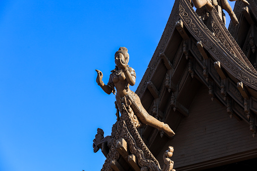 Wooden Curved Statues of the Gods if the Sanctuary of Truth in Pattaya, Thailand