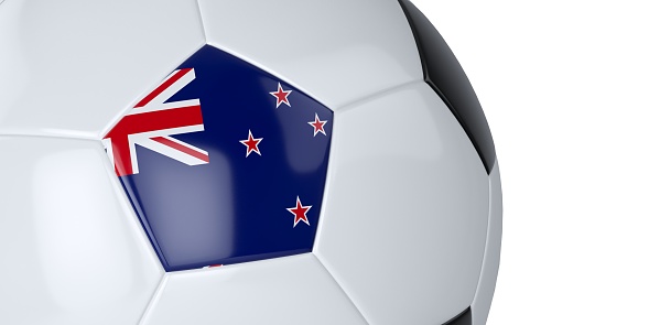 White soccer ball with the flag of New Zealand on a white background. Isolated. Close up. 3D illustration.