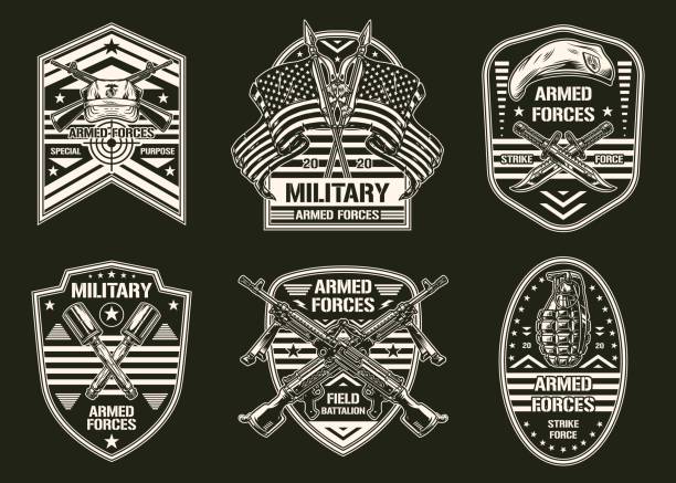 Armed forces set monochrome label Armed forces set vintage monochrome label soldiers hats and weapons to fight enemy in battle hand grenades gun vector illustration combat infantry badge stock illustrations