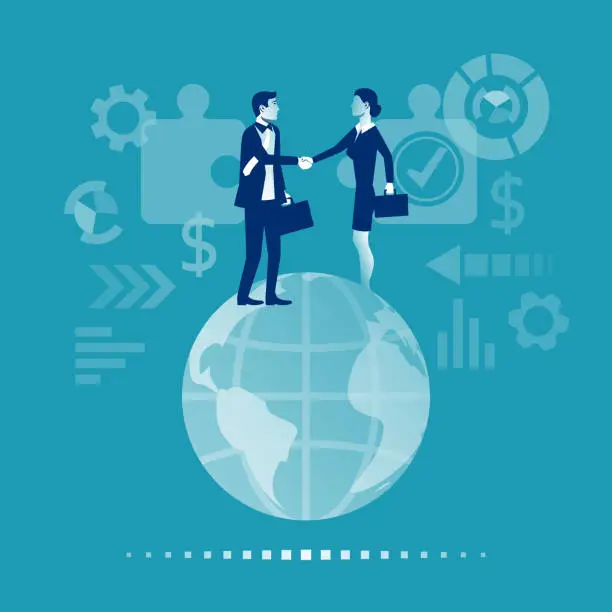 Vector illustration of Global partnership. Business people standing on the planet shake hands.