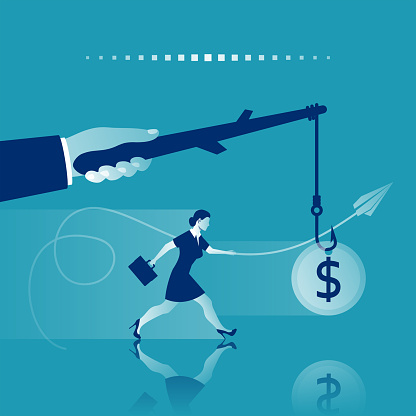 Incentive concept. Business metaphor. Personnel management leadership. Motivate people. Big hand holds gold coin on stick, and a woman running for bait. Vector illustration flat design. Attract earn.