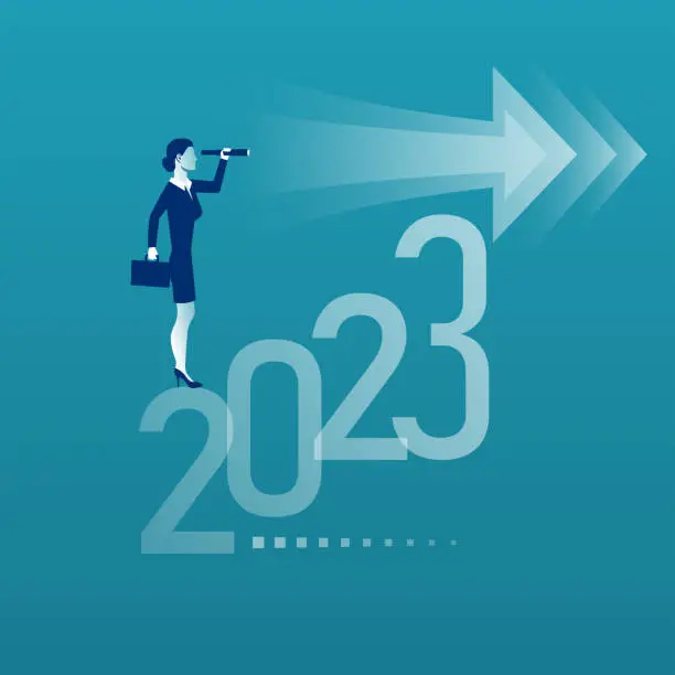 Vector illustration of Businesswoman with a telescope looks at the next year 2023.