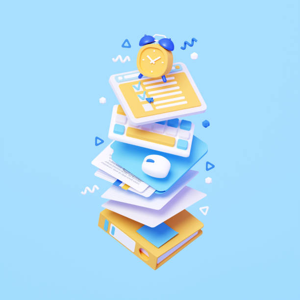 istock 3d Render of Office Supplies. Folder, Tablet, Binders and Alarm Clock Isolated on Sky Blue Background 1469515620